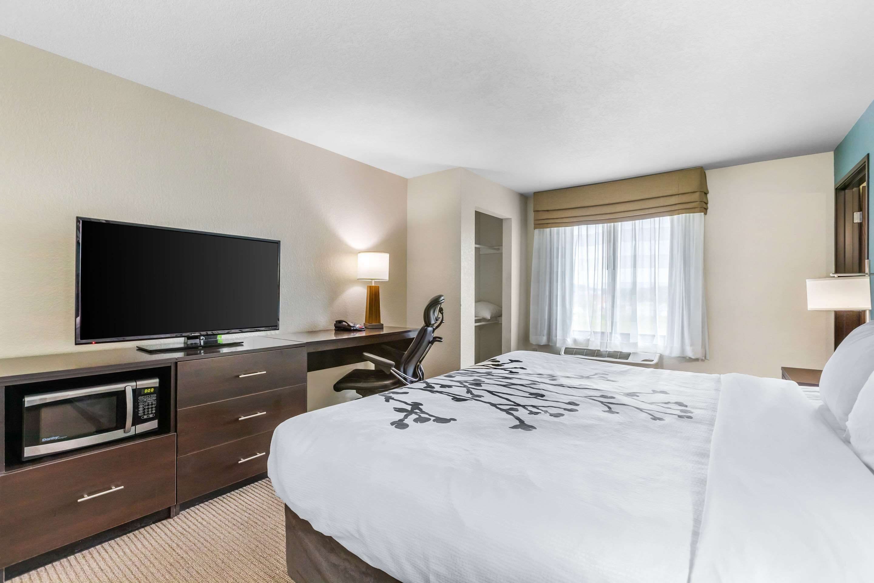 A hotel room with a bed, a TV, a microwave, a desk with a chair, and a window with curtains.