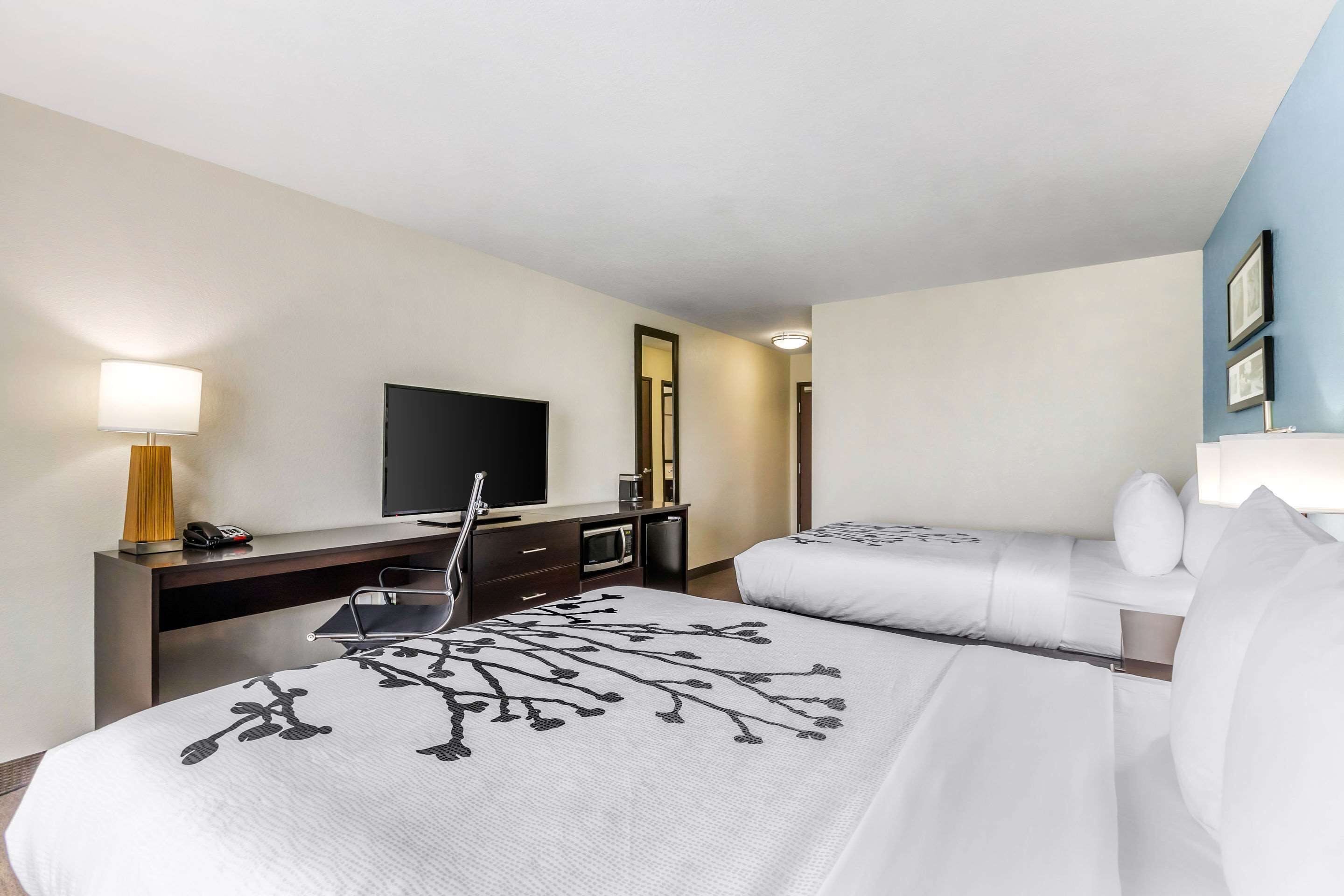 A hotel room with a bed, a desk with a TV, a lamp, and a mirror.