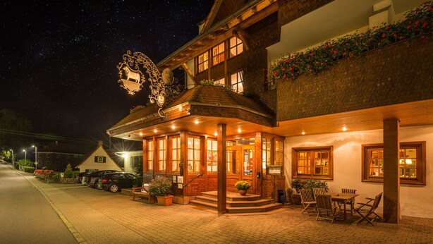A hotel with a wooden facade, large windows, and a balcony with flowers.