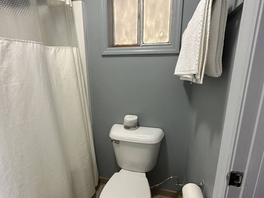 Et lille badeværelse med toilet, et vindue, en bøjle til håndklæder og en bruseforhæng.