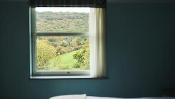 A room with a bed and a window overlooking a forested landscape.