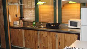 A kitchen with wooden cabinets, a sink, a microwave, and a gas stove. - The Evergreen Motel (Oswego)