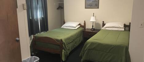 Una habitación con dos camas individuales, un escritorio pequeño, una lámpara, un cuadro en la pared y una ventana con cortinas.