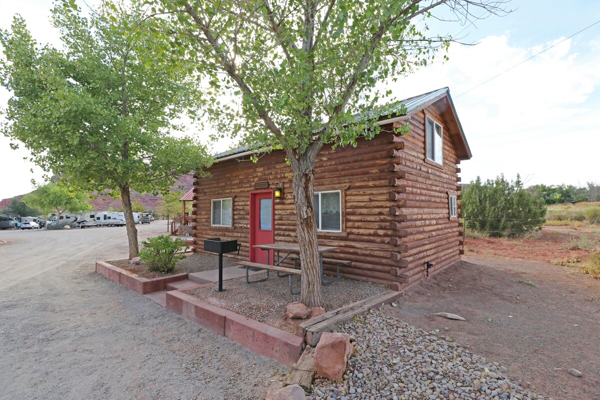 A rustic log cabin with a red door, a picnic table, and a tree in front.