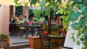 Un área de comedor al aire libre con paredes de ladrillo, mesas verdes y plantas en macetas.