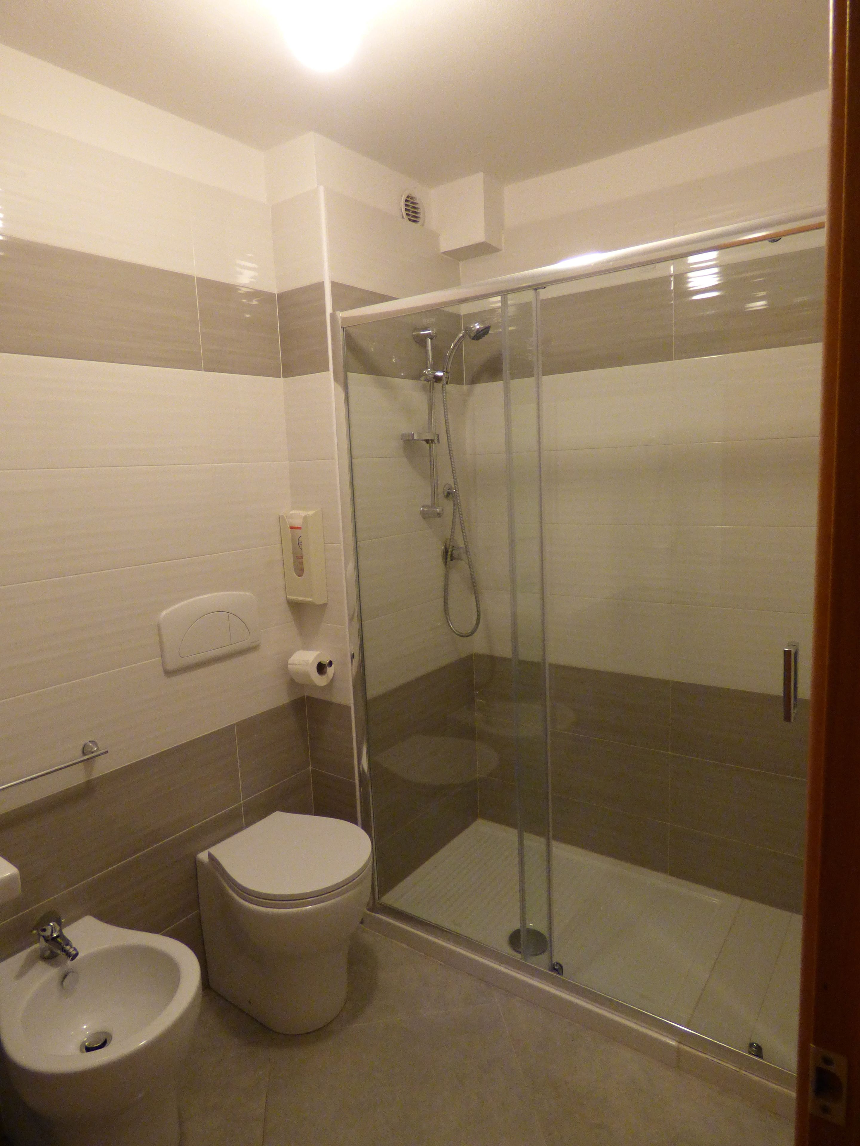 A modern bathroom with a glass-enclosed shower, a toilet, and a bidet.