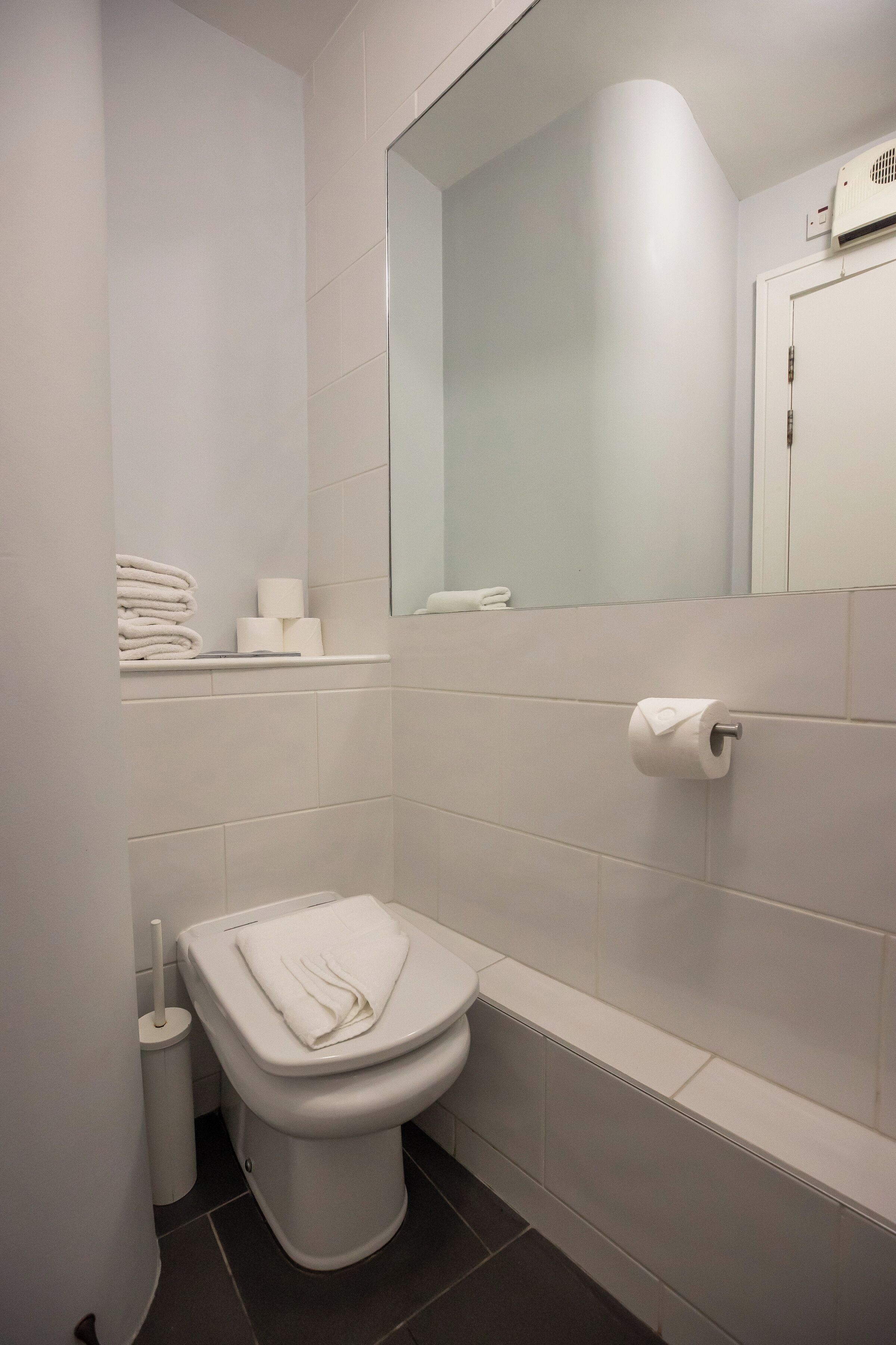 A modern bathroom with a toilet, a towel rack, and a mirror.