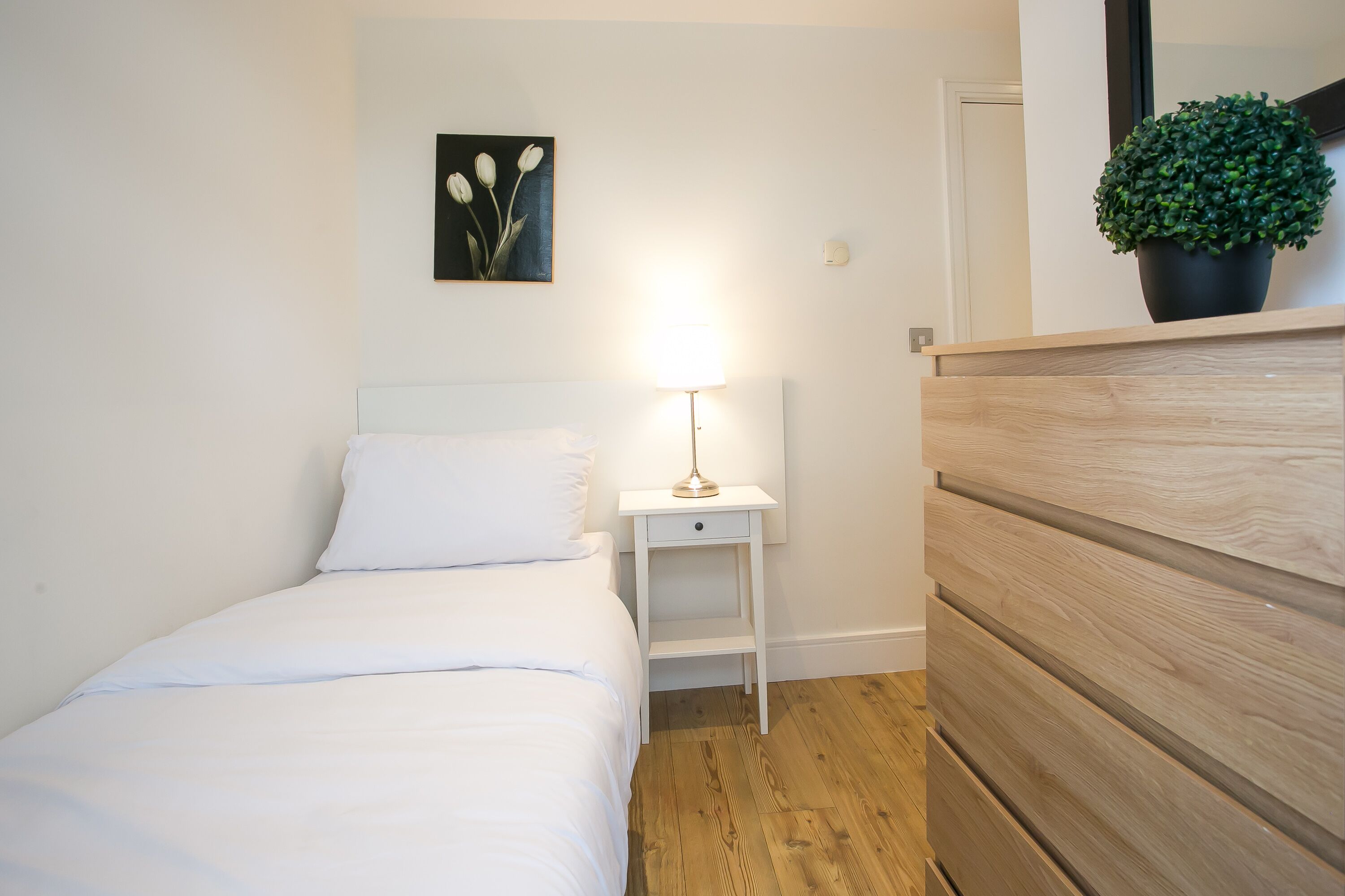 A bedroom with a bed, a nightstand with a lamp, a wall-mounted painting, and a potted plant.