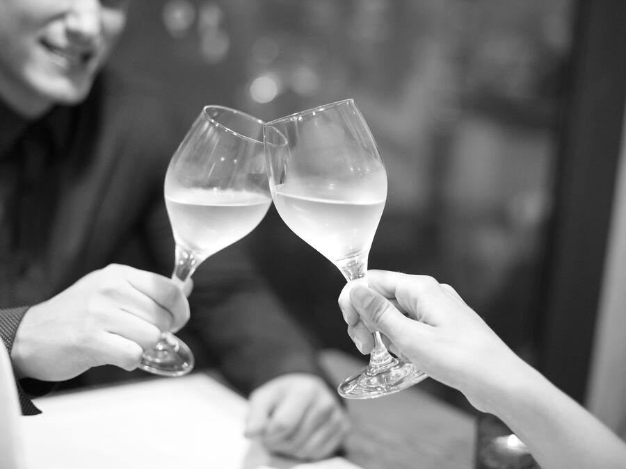 Two people toasting with wine glasses.