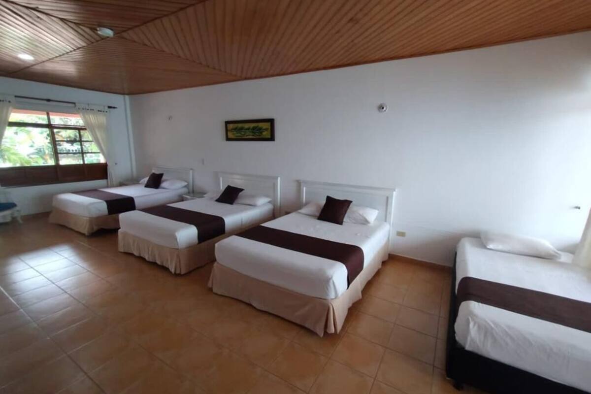 Une chambre d’hôtel avec quatre lits simples, un plafond en bois et une grande fenêtre avec des rideaux.