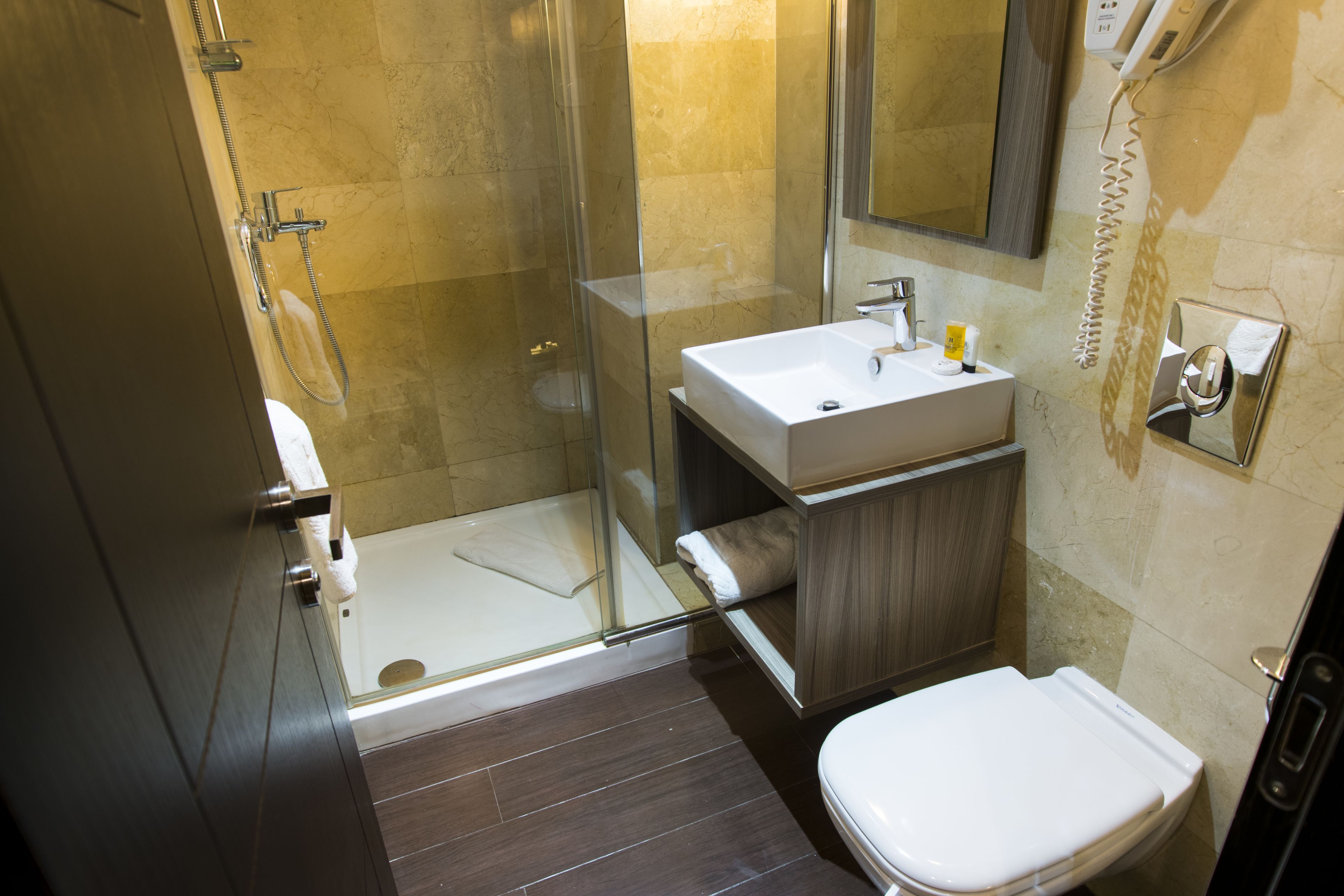 free toiletries, hair dryer, towels