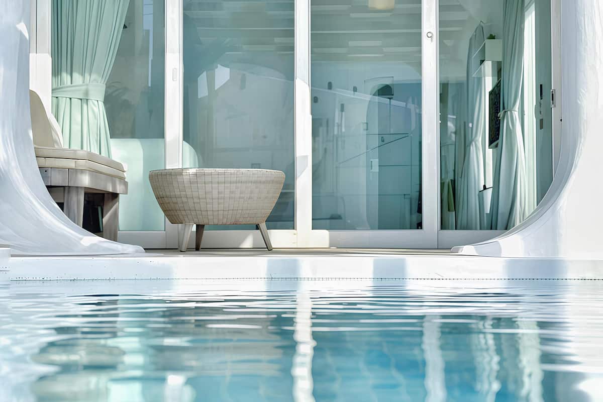 A modern pool area with clear glass doors, a lounge chair, and a small table.