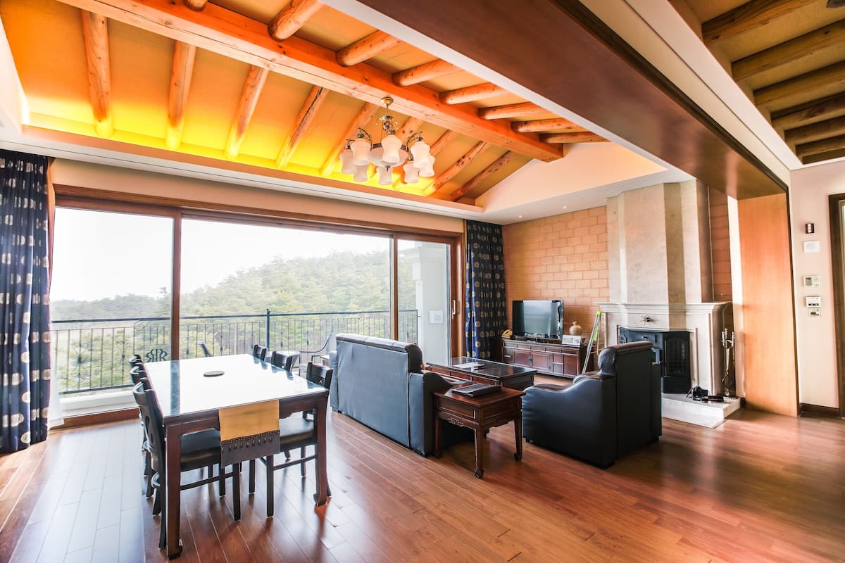 A spacious living area with a dining table, sofas, and a fireplace.