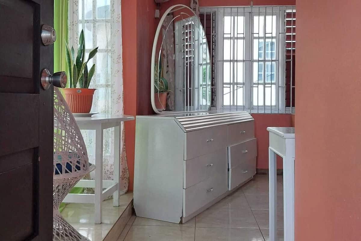 A room with a white dresser, a potted plant, a small table, and a window with bars.