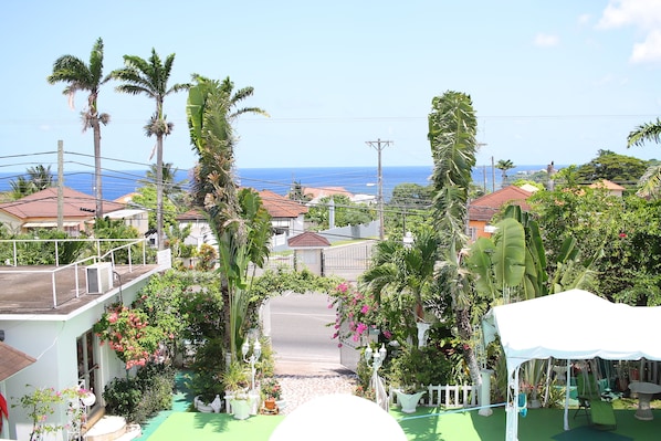 A tropical resort with a covered outdoor area, palm trees, and a view of the ocean.