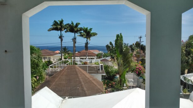 Vista desde un balcón techado con suelo de baldosas, palmeras y casas al fondo.