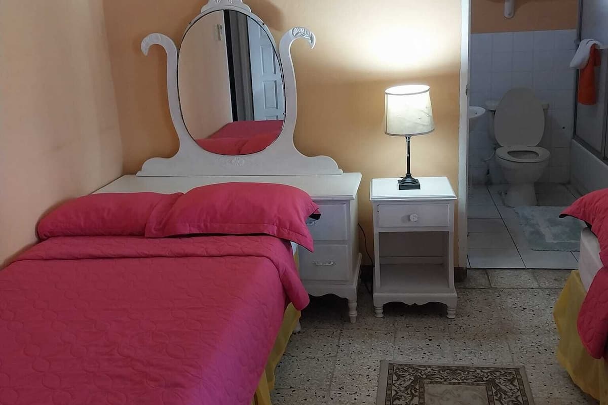 A bedroom with two beds, a bedside table with a lamp, a mirror, and a painting on the wall.