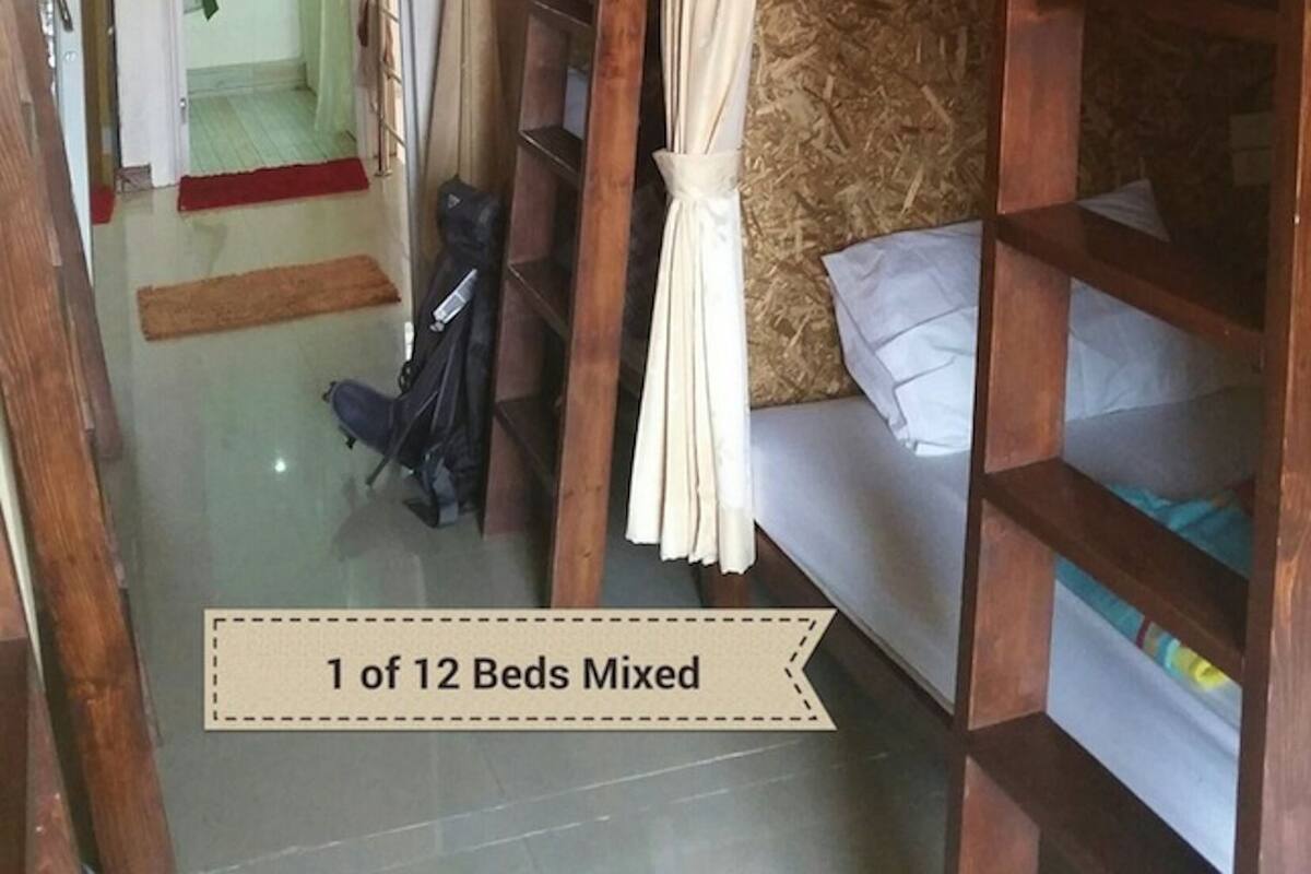 A room with bunk beds, a ceiling fan, and a shower area.