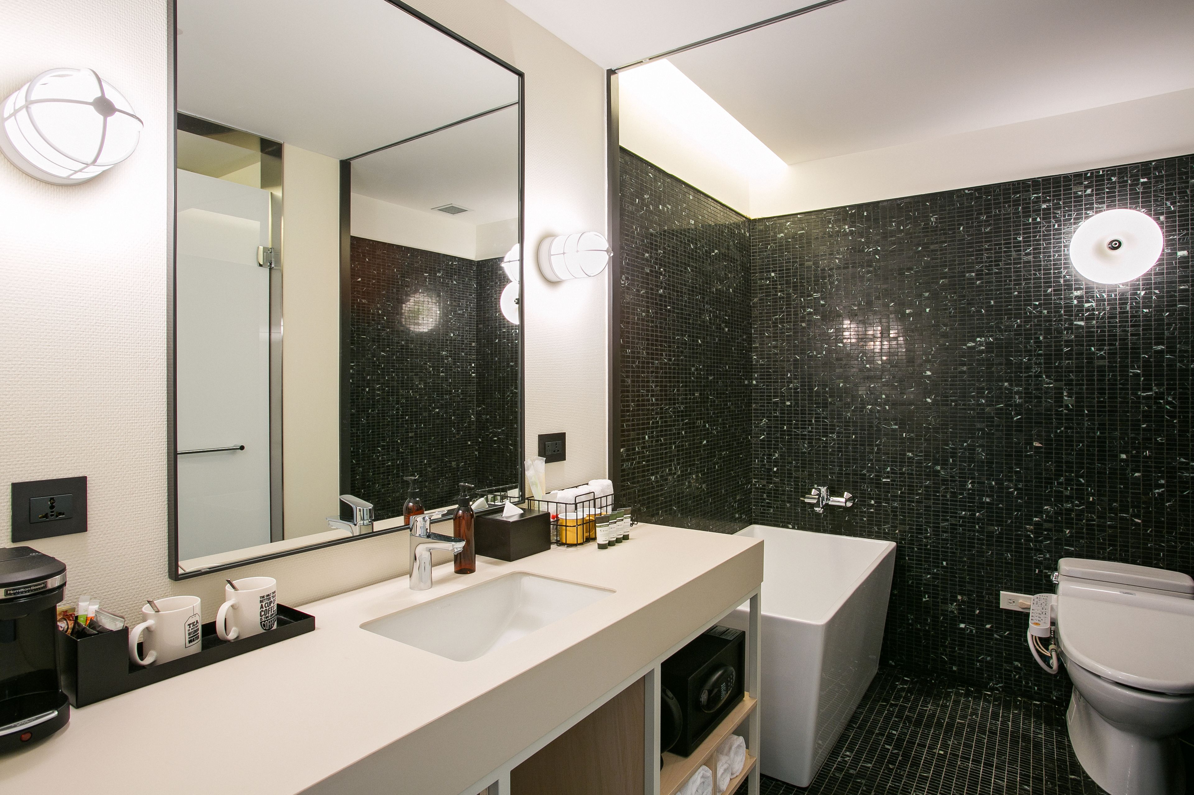 shower, rainfall showerhead, hair dryer, bathrobes