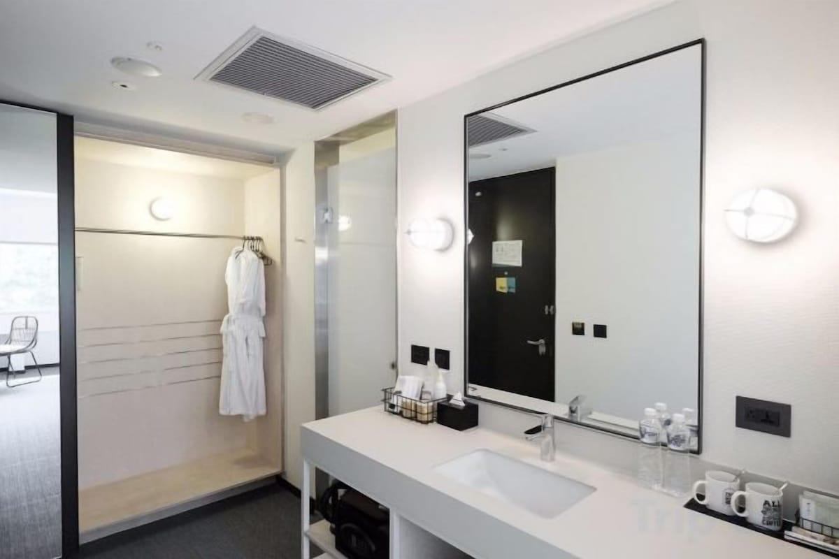 Shower, rainfall showerhead, hair dryer, bathrobes