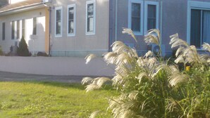 A residential building with a light-colored exterior, multiple windows, and a grassy lawn with tall grasses in the foreground. - Pension Souvenir (Iki)