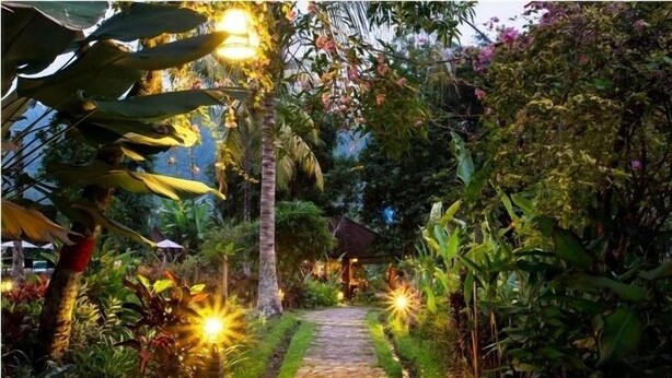A stone pathway leading through a lush garden with tropical plants and decorative lighting. - Subak Tabola Villa (Sidemen)