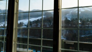 A view through a window with a grid pattern, displaying a snowy landscape with trees and mountains in the background. - White Cabin (Pyeongchang)