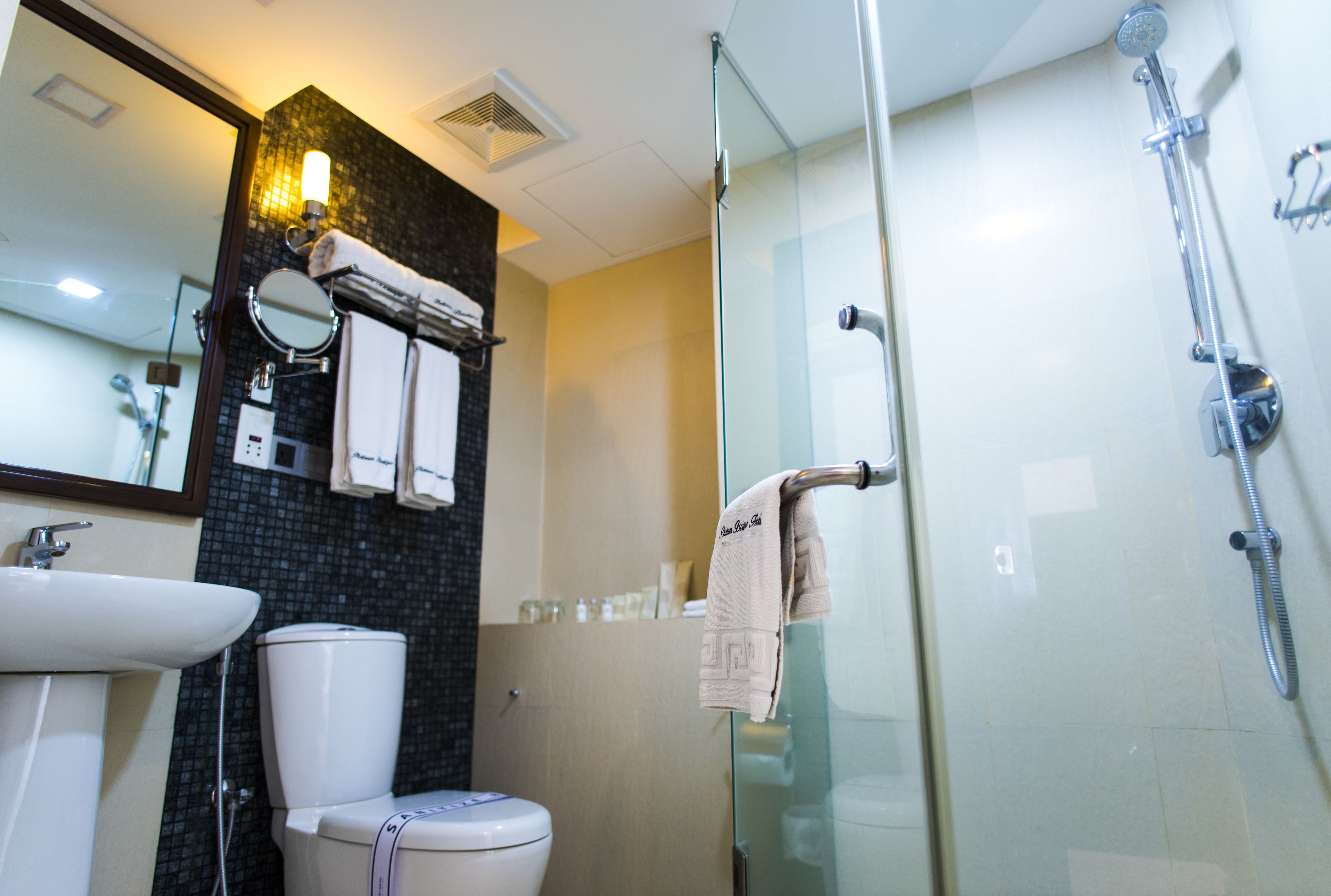 grand studio suite | bathroom | shower, hydromassage showerhead, free toiletries, hair dryer