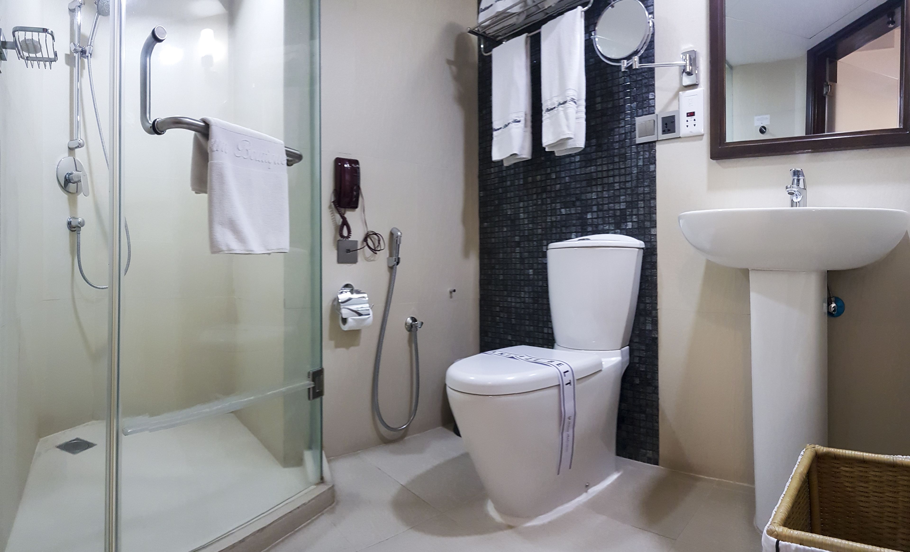 premium twin room | bathroom | shower, hydromassage showerhead, free toiletries, hair dryer