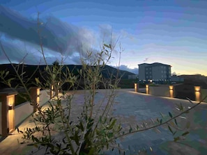 A rooftop terrace with a view of a mountain and a building in the background.