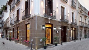 A multi-story building with balconies, a cobblestone street, and potted plants. - Casa Palacete 1822 (Granada)