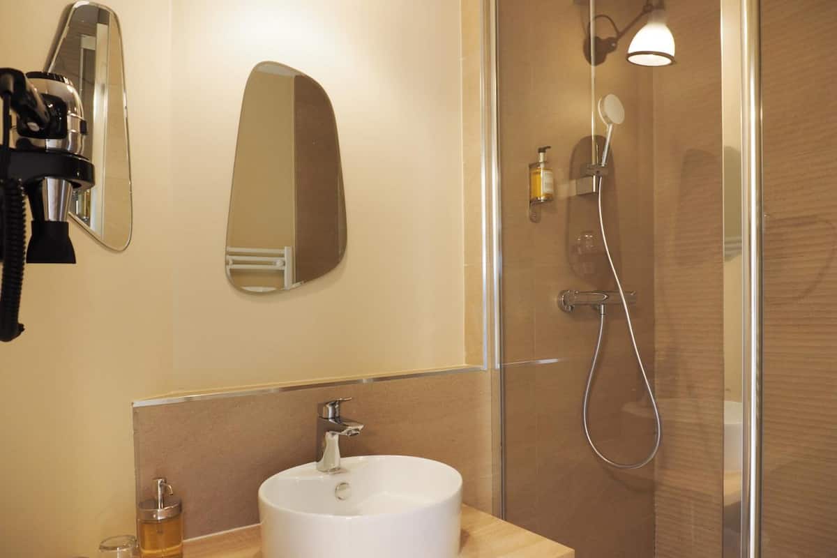 shower, free toiletries, hair dryer, towels