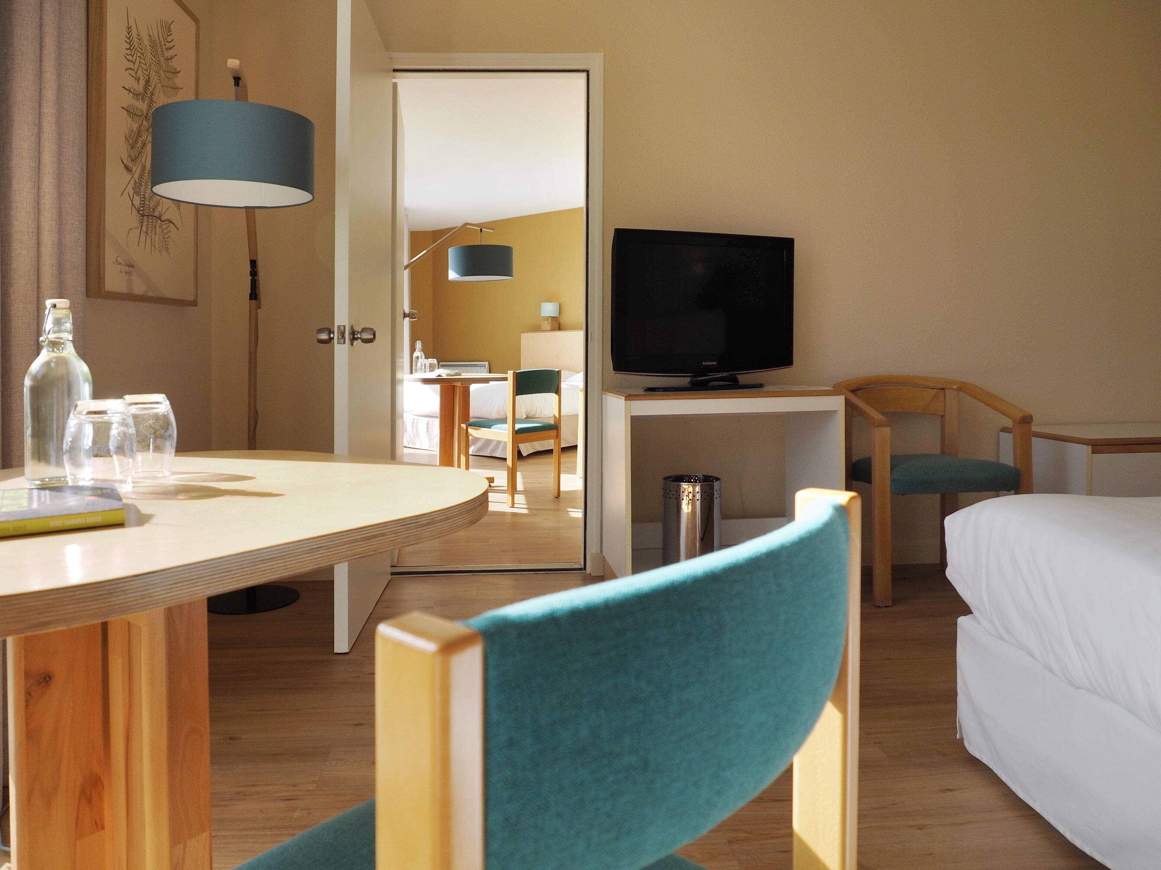 premium bedding, select comfort beds, desk, blackout curtains