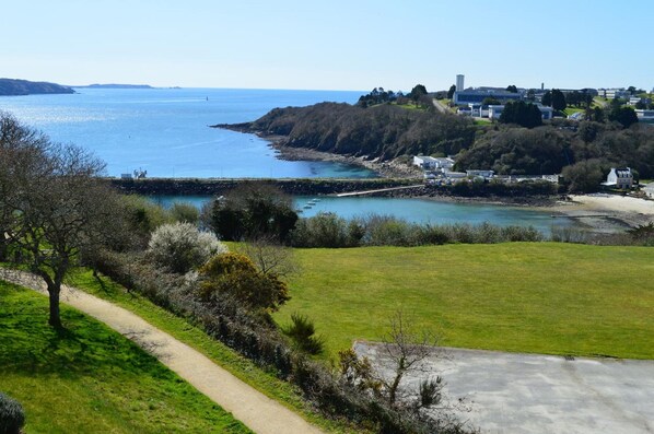 A coastal view with a grassy area, a path, and a body of water.