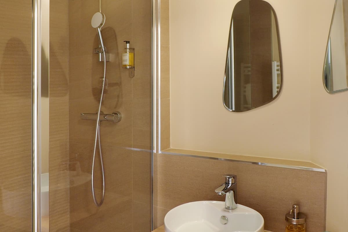 shower, free toiletries, hair dryer, towels