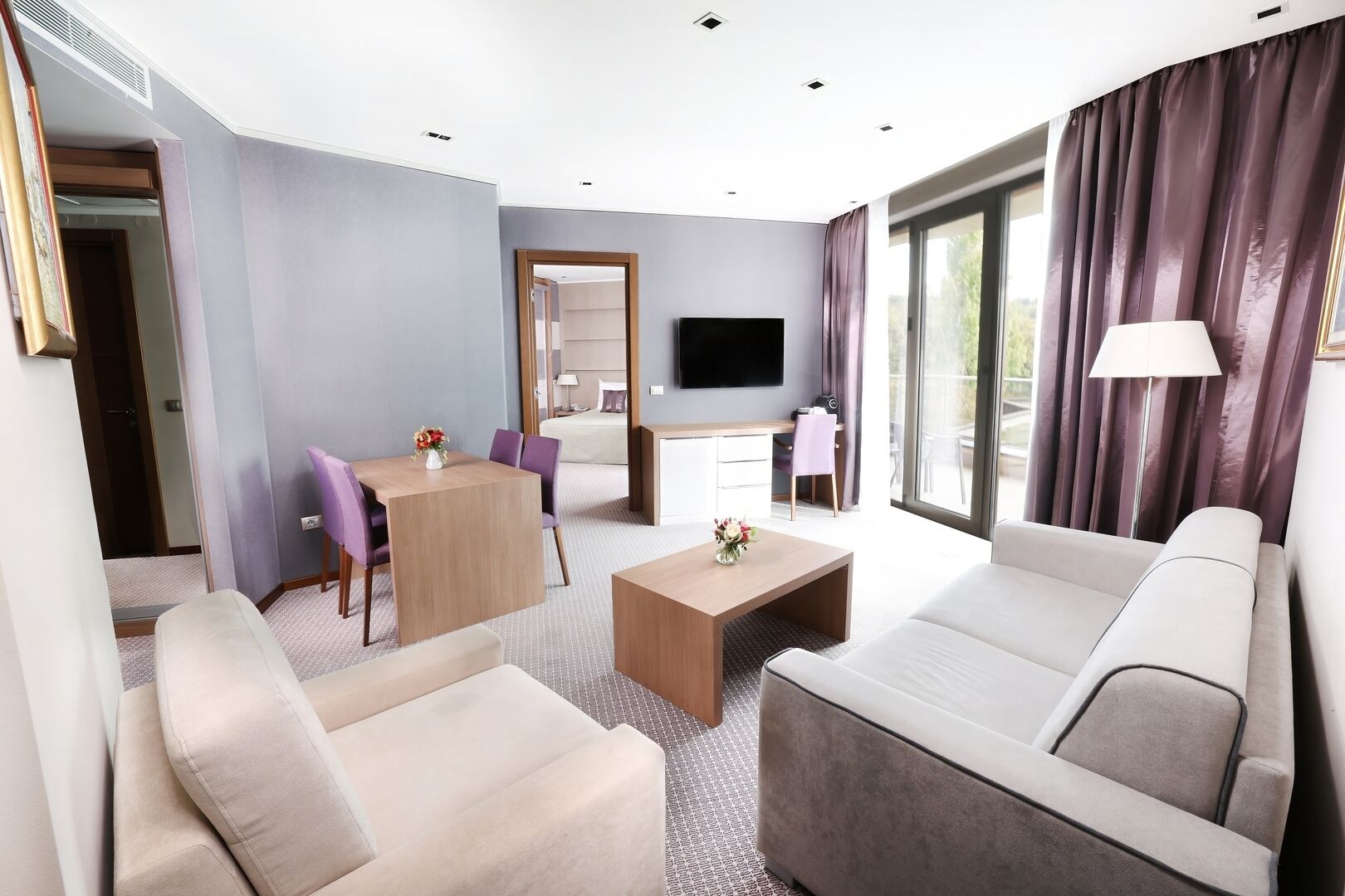 luxury suite, sauna, city view | living area | plasma tv