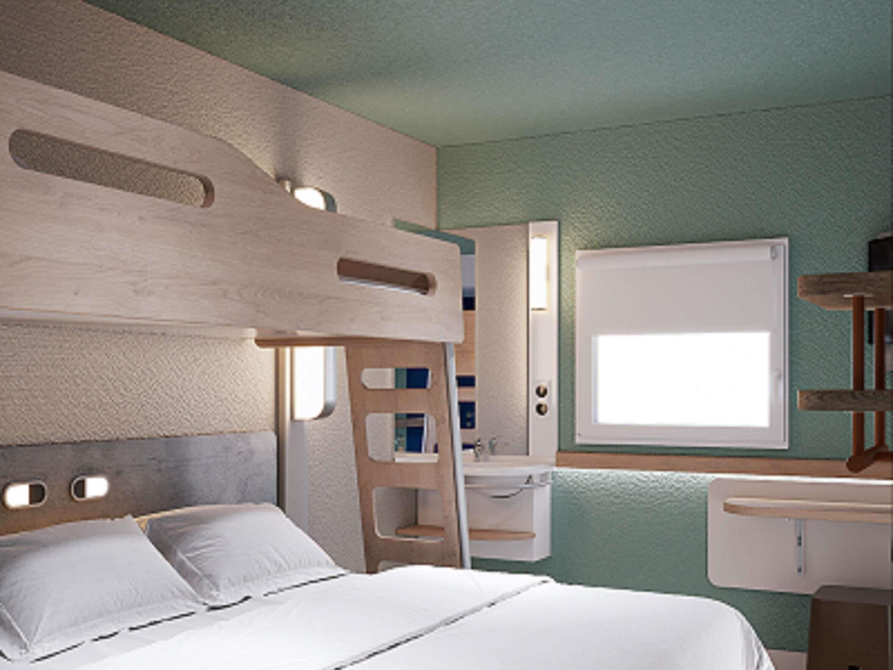 Standard Room with 1 double bed and 1 bunk bed | Premium bedding, desk, laptop workspace, blackout curtains