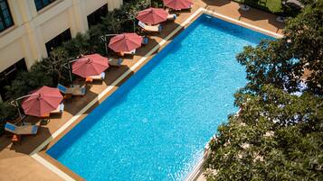 Outdoor pool, pool umbrellas, pool loungers