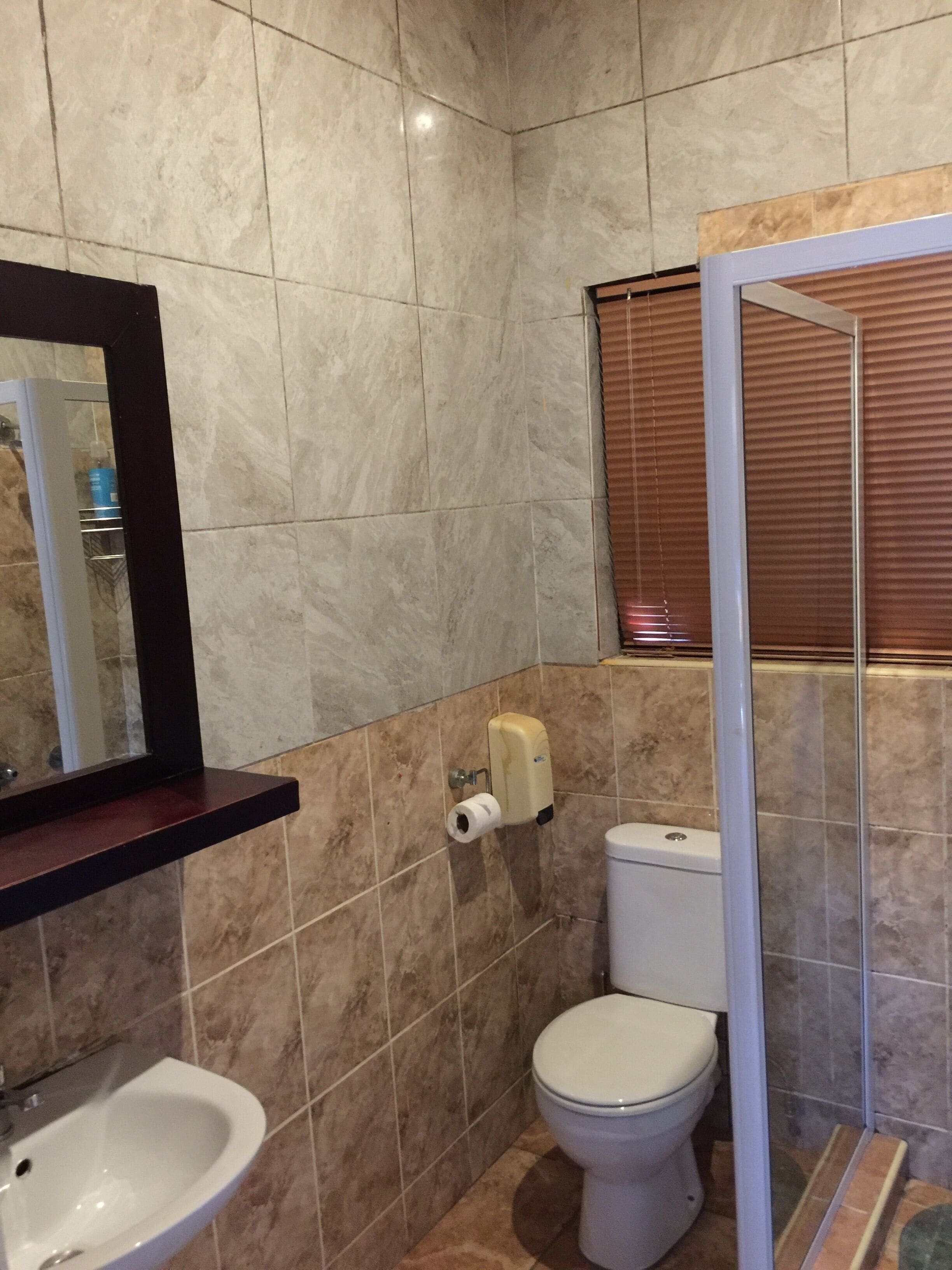 A bathroom with a toilet, sink, and mirror.