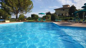 Seasonal outdoor pool, pool umbrellas, pool loungers