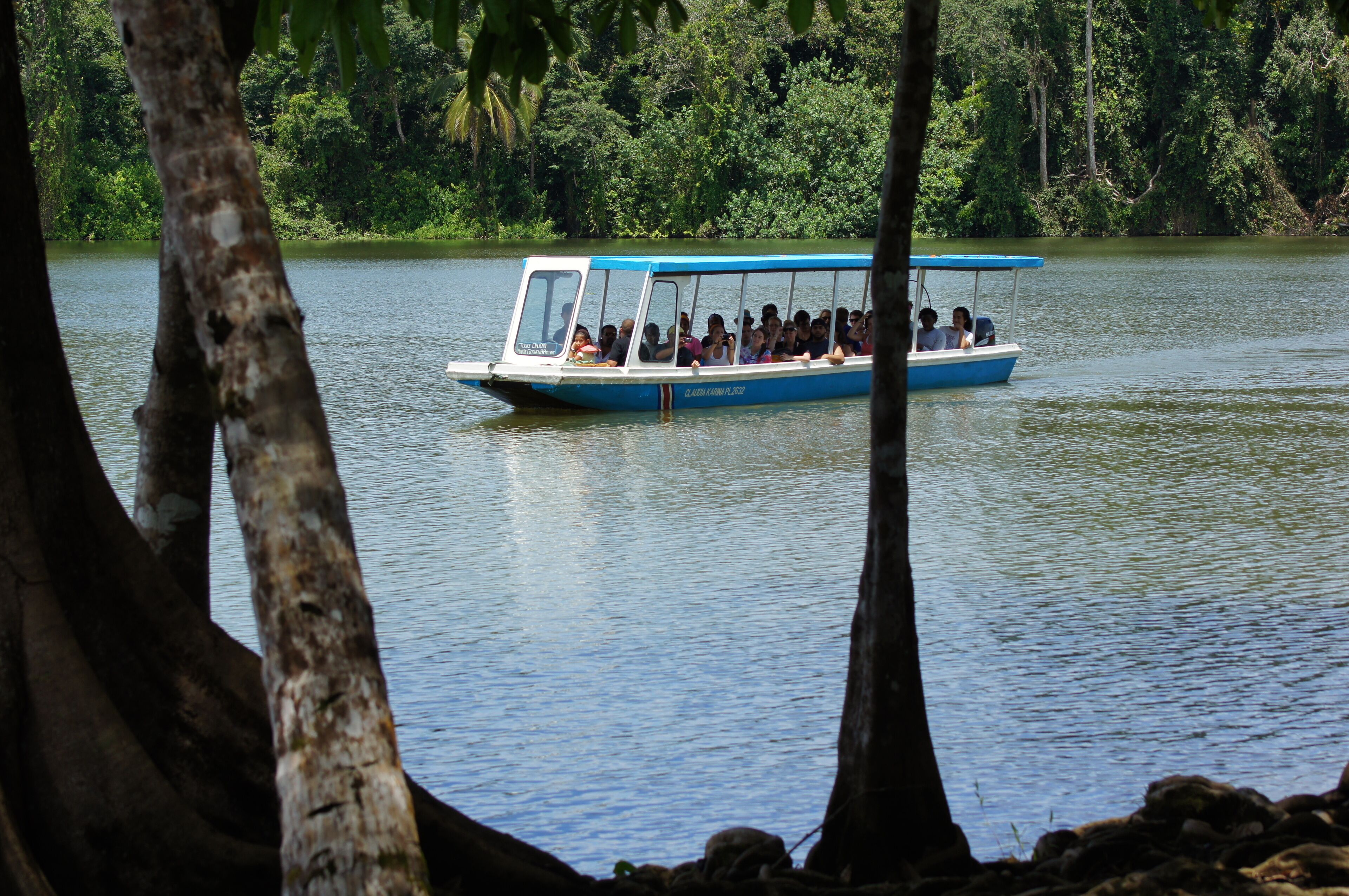 Un bote con pasajeros en un lago tranquilo rodeado de abundante vegetación.
