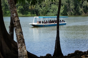A boat with passengers on a calm lake surrounded by dense greenery. - Lirio Lodge (Pacuarito)