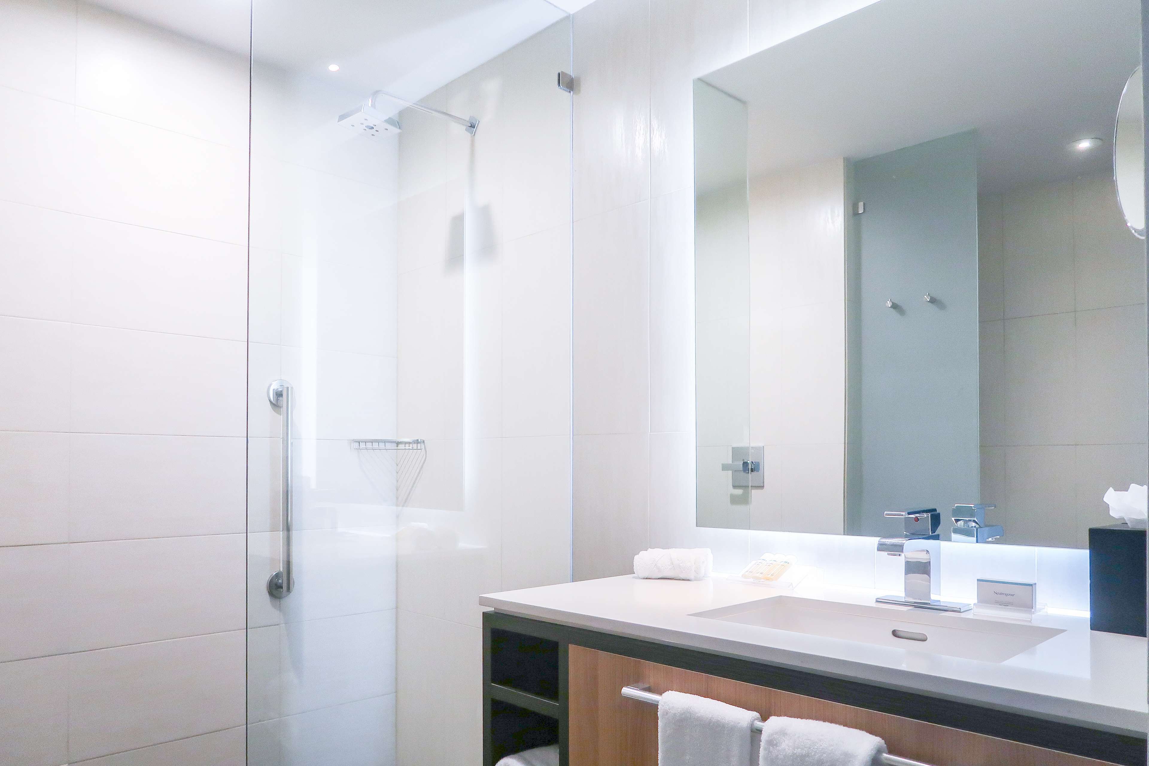 A modern bathroom with a glass shower enclosure, a large mirror, and a white sink.