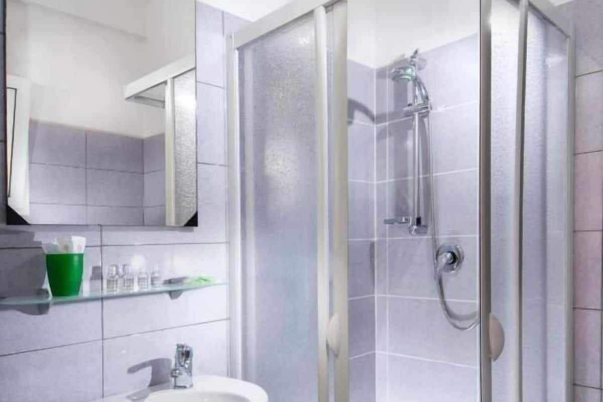 Comfort driepersoonskamer | Badkamer | Een douche, een haardroger, handdoeken, zeep