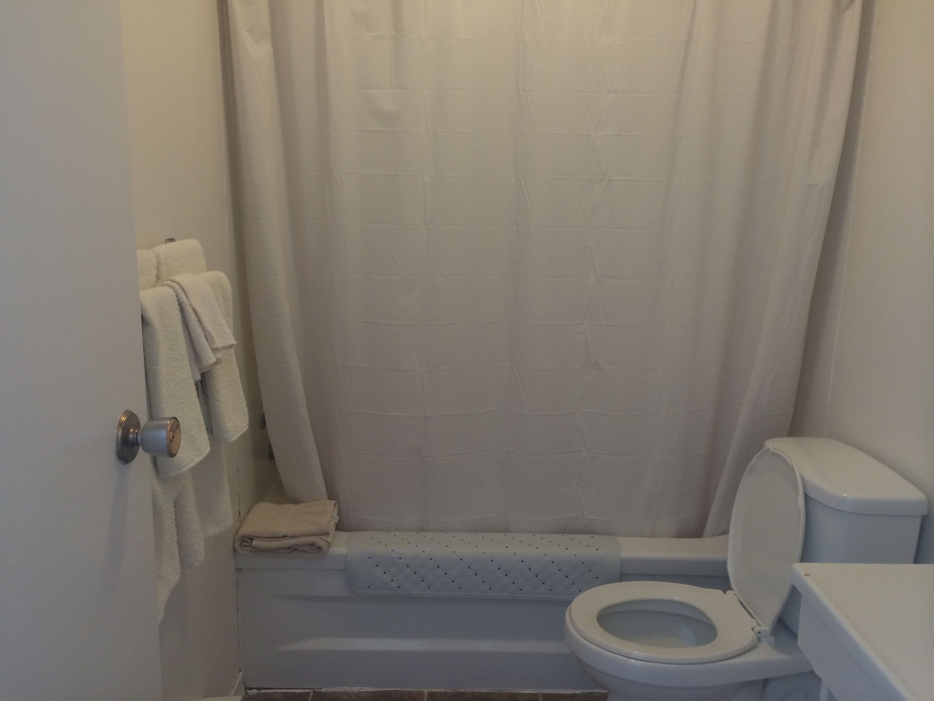 Un bagno piccolo con il water, una tenda da doccia e un portascopevoli con degli asciugamani.