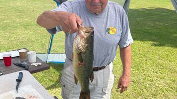 A man holding a fish near a tent.