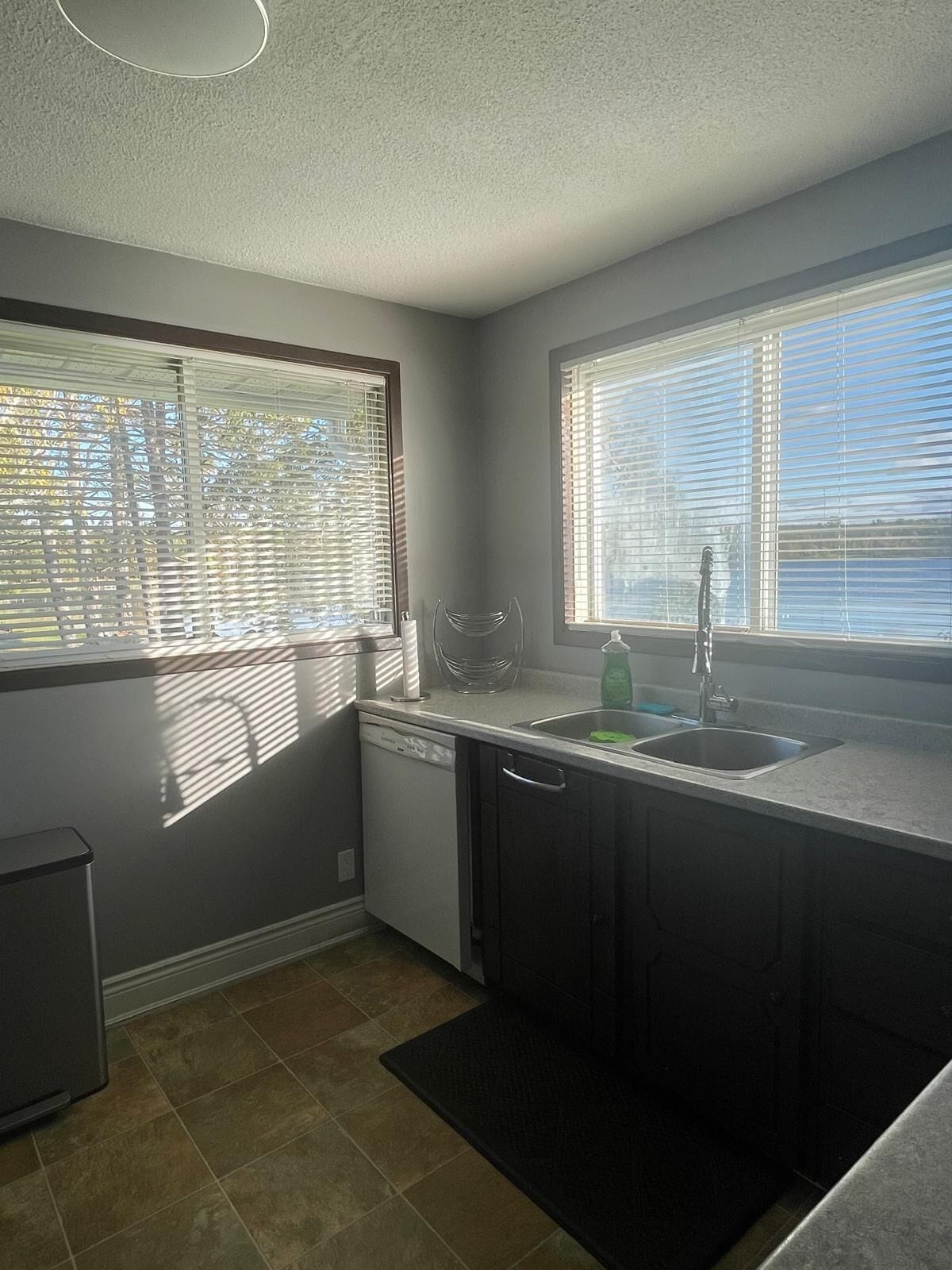 A kitchen with a dishwasher, sink, and window blinds.