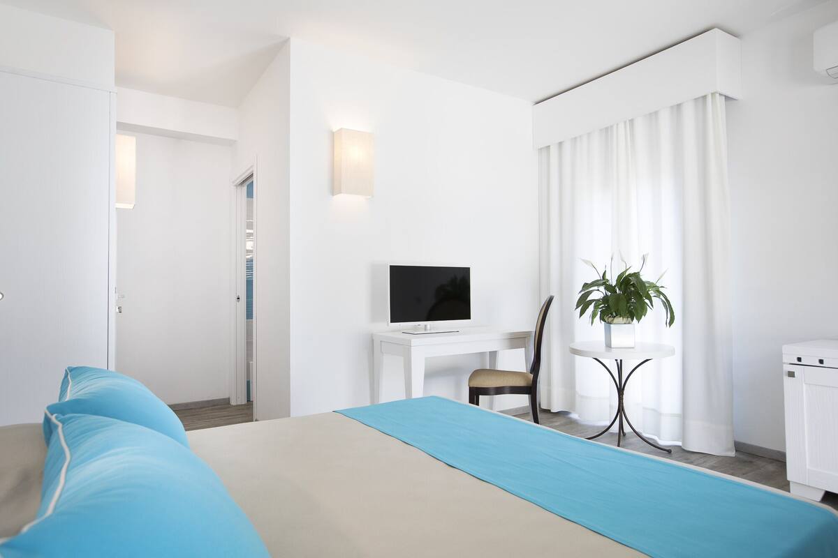 A hotel room with a bed, a desk with a TV, a chair, a plant, and a wardrobe.