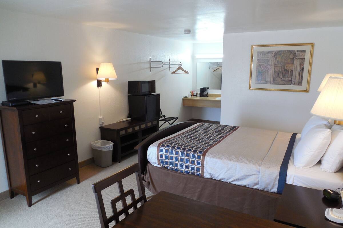A compact hotel room with a bed, a desk, a chair, a television, a microwave, and a small trash bin.