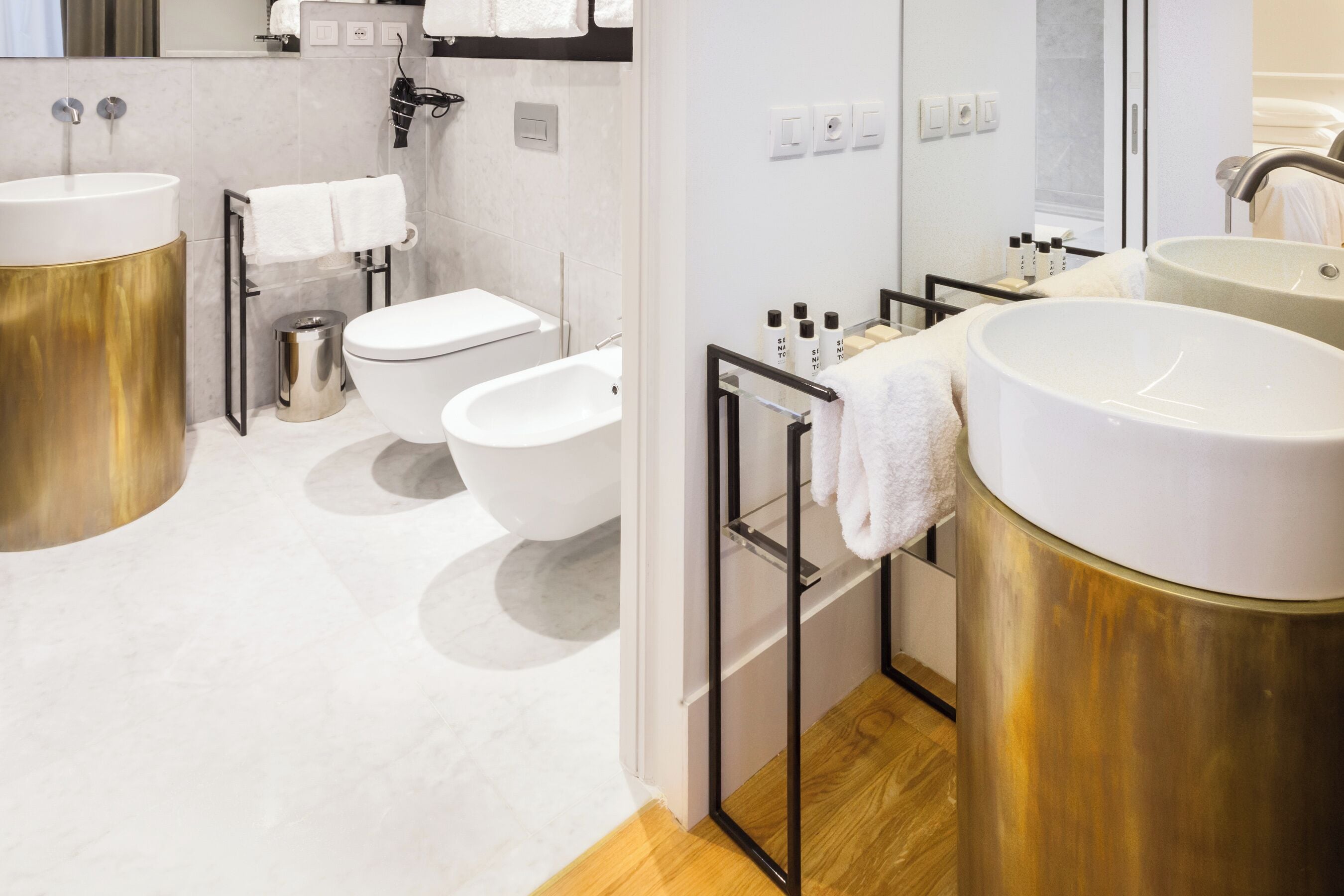 rainfall showerhead, hair dryer, slippers, bidet